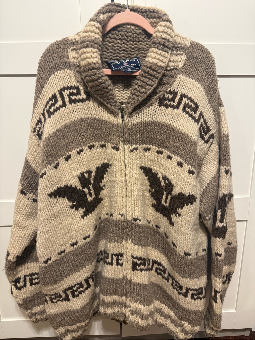 Ralph Lauren Sportsman Chunky Zip-Up Shawl Cardigan In Beige & Brown